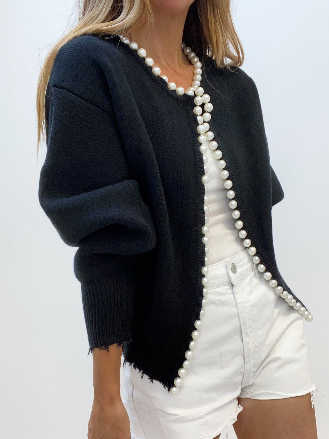 Pearl Trim Ripped Hem Cardigan