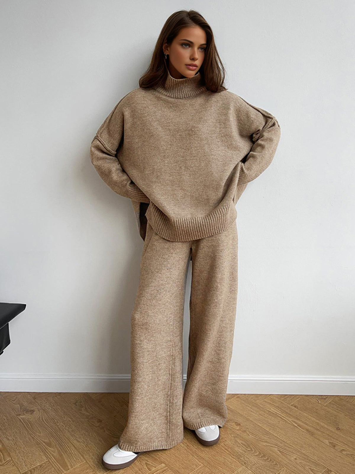 Plain Turtleneck Knit Pants Set