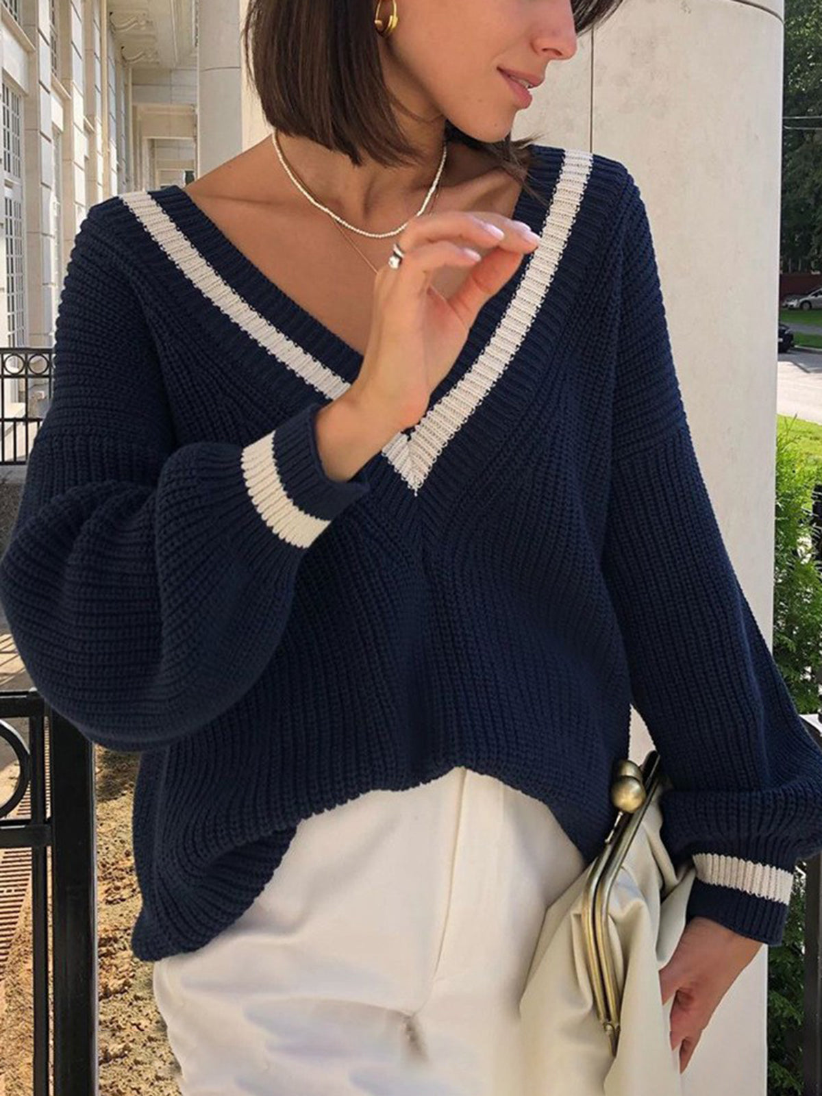 V-Neck Contrast Trim Sweater