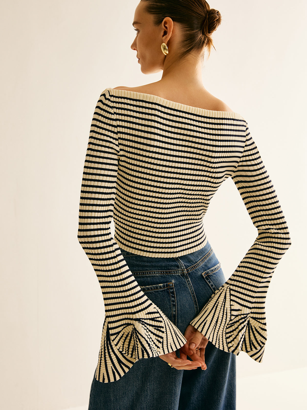 Striped Ruffle-Sleeve Knit Top