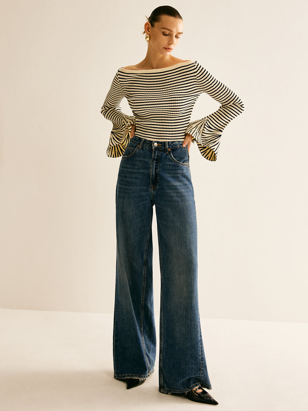 Striped Ruffle-Sleeve Knit Top