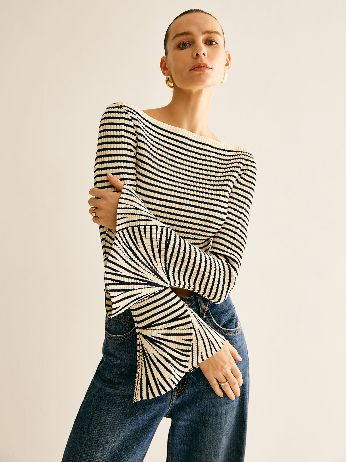 Striped Ruffle-Sleeve Knit Top