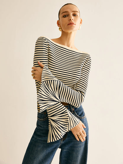 Striped Ruffle-Sleeve Knit Top