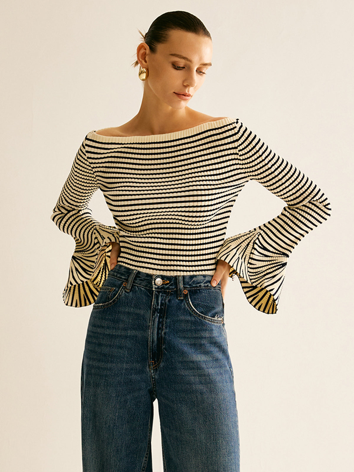 Striped Ruffle-Sleeve Knit Top