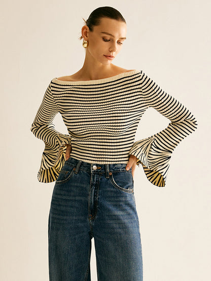 Striped Ruffle-Sleeve Knit Top