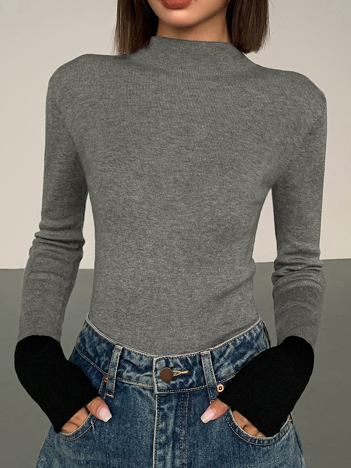 Long Sleeve Contrast Cuff Knit Top