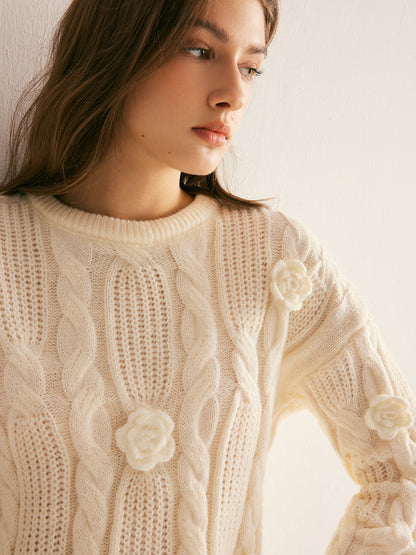 3D Flower Cable-Knit Pullover Sweater