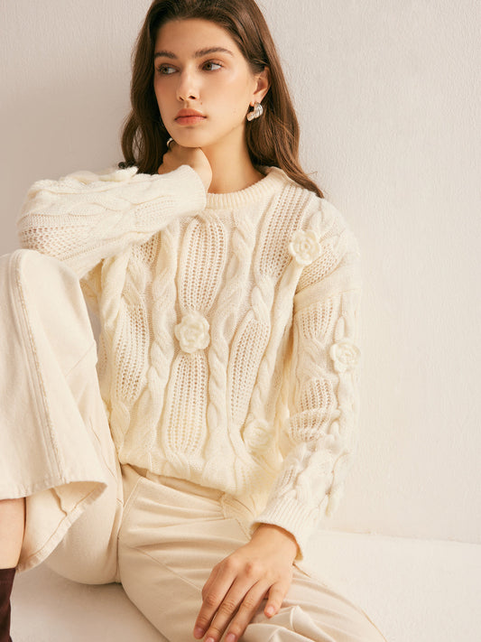 3D Flower Cable-Knit Pullover Sweater