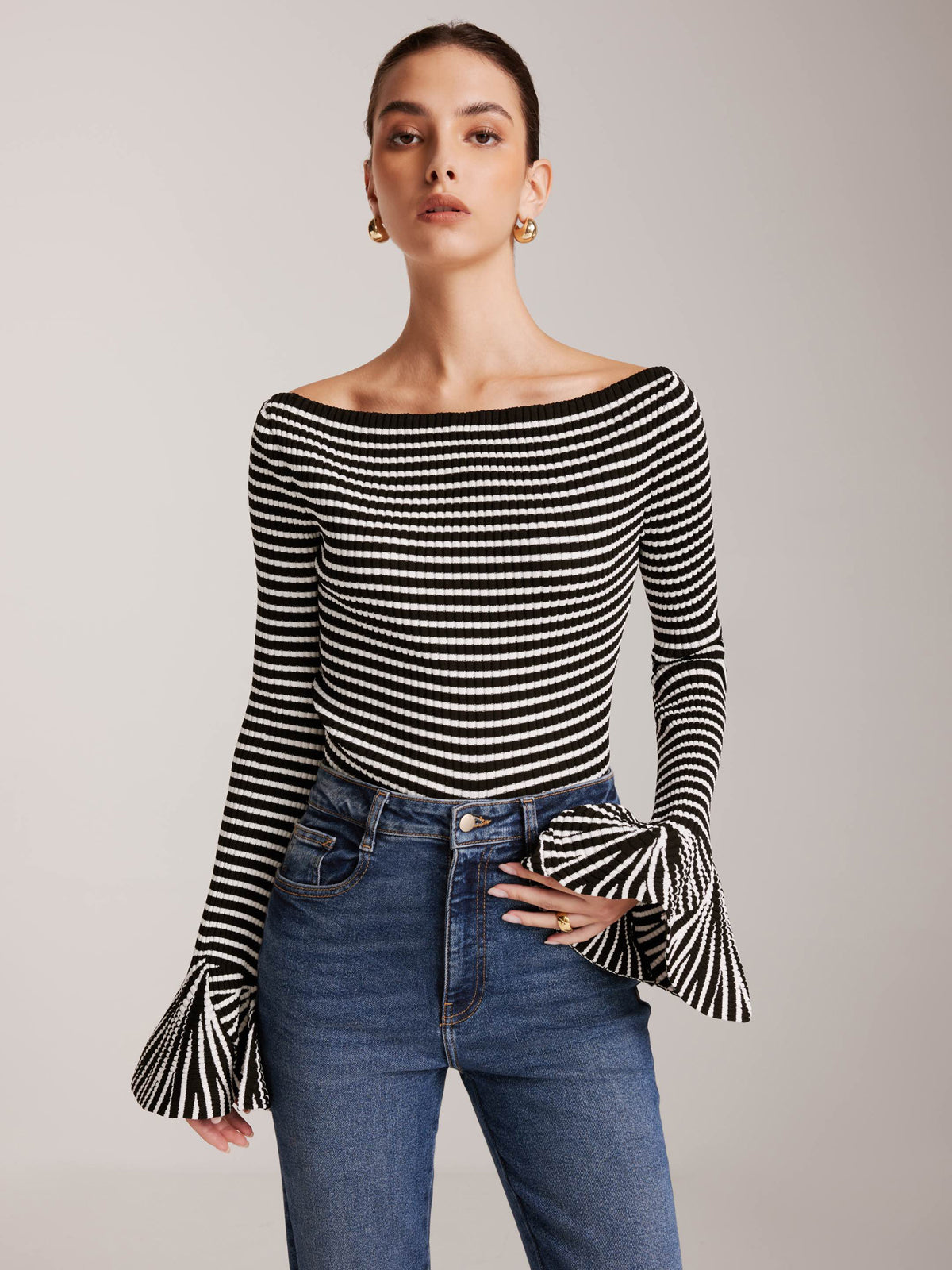 Striped Ruffle-Sleeve Knit Top