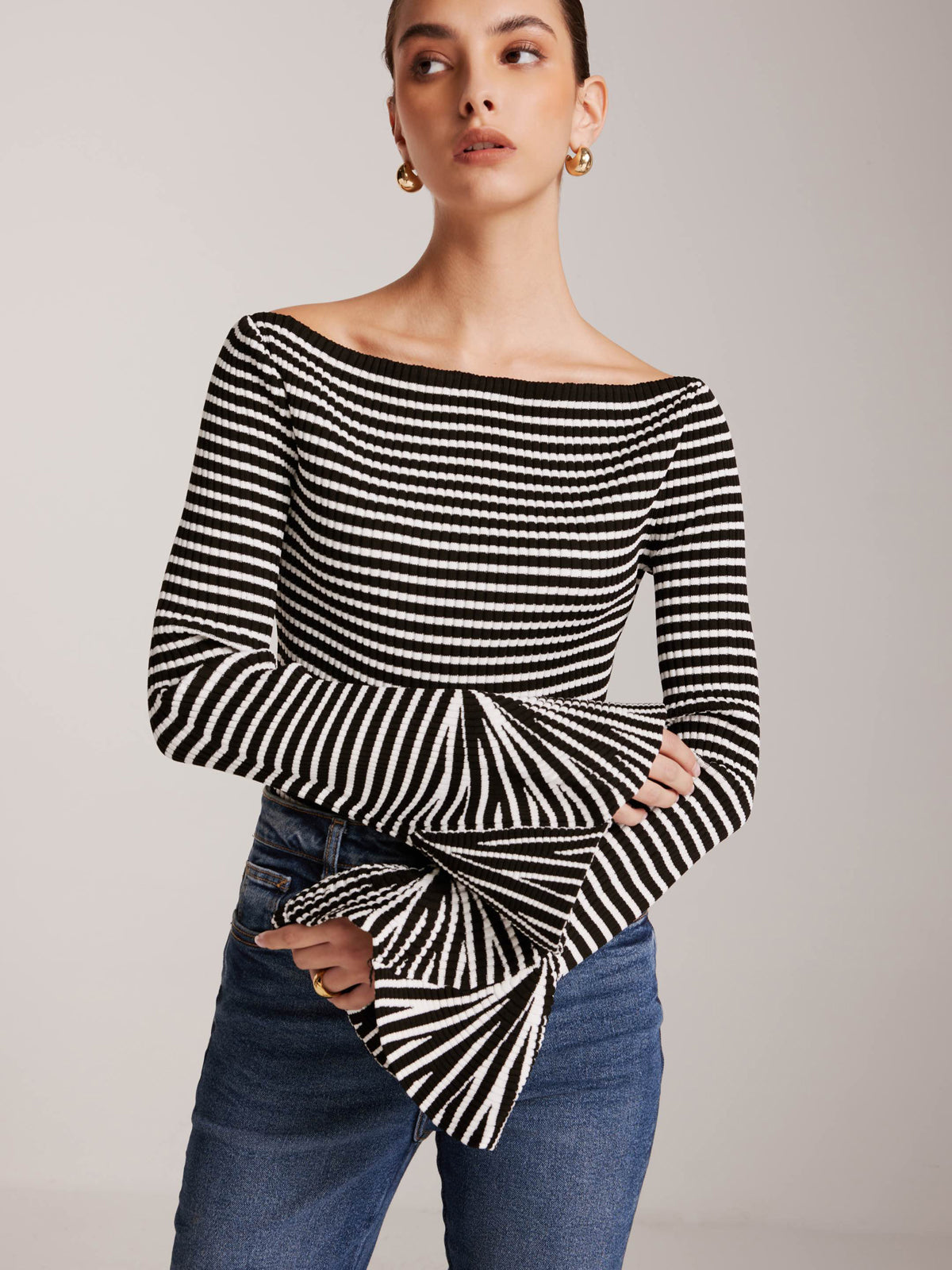 Striped Ruffle-Sleeve Knit Top