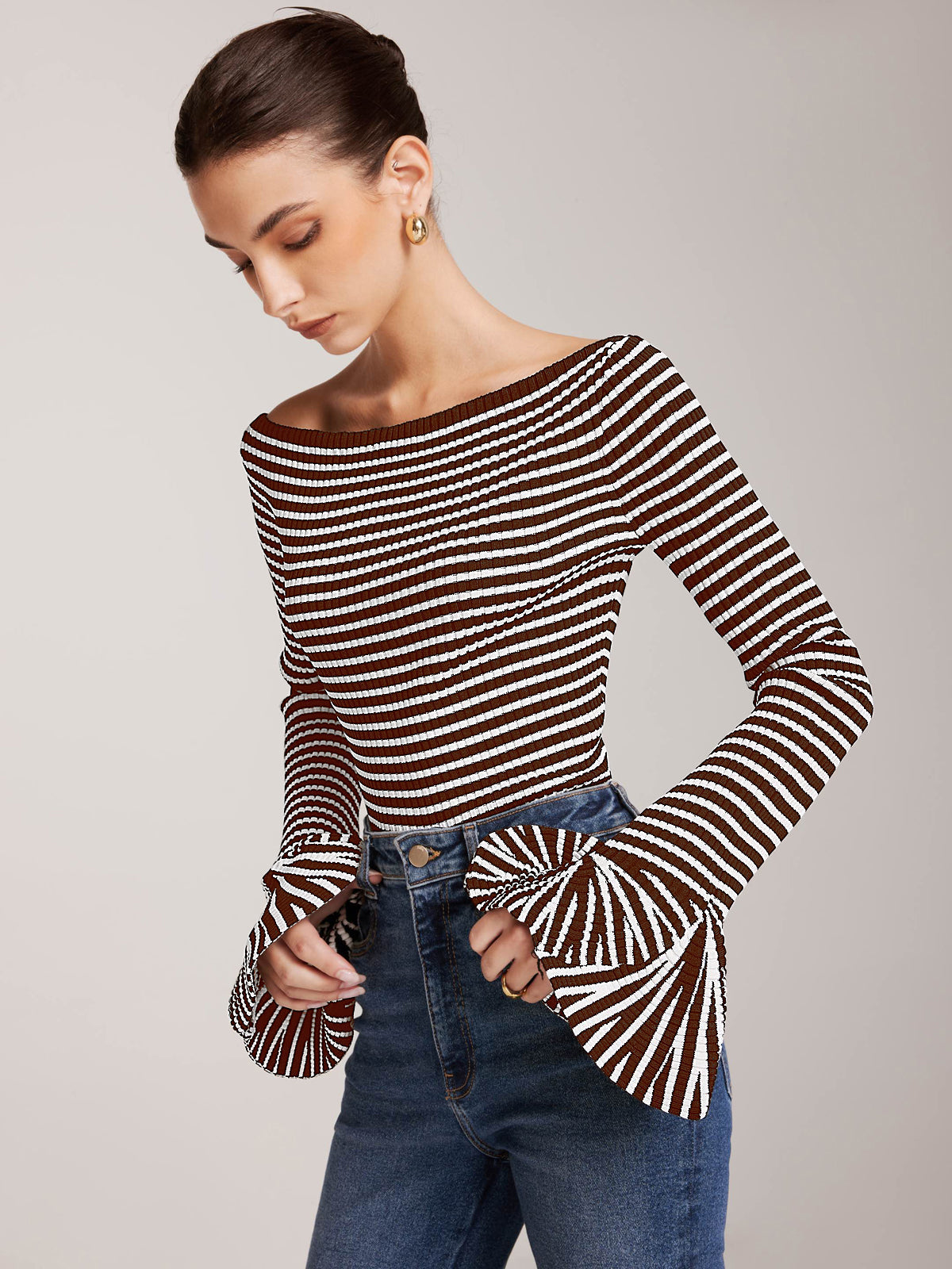 Striped Ruffle-Sleeve Knit Top