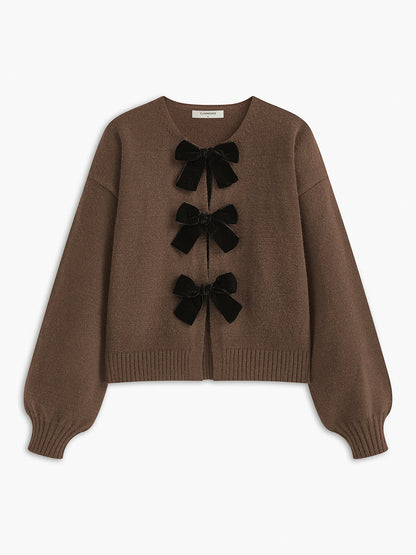 Velvet-Bow Lantern Sleeve Sweater