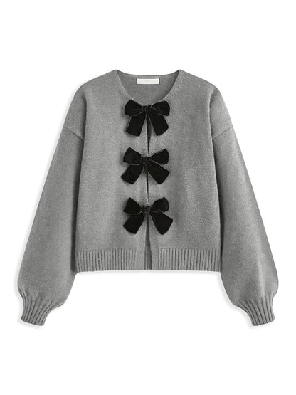 Velvet-Bow Lantern Sleeve Sweater