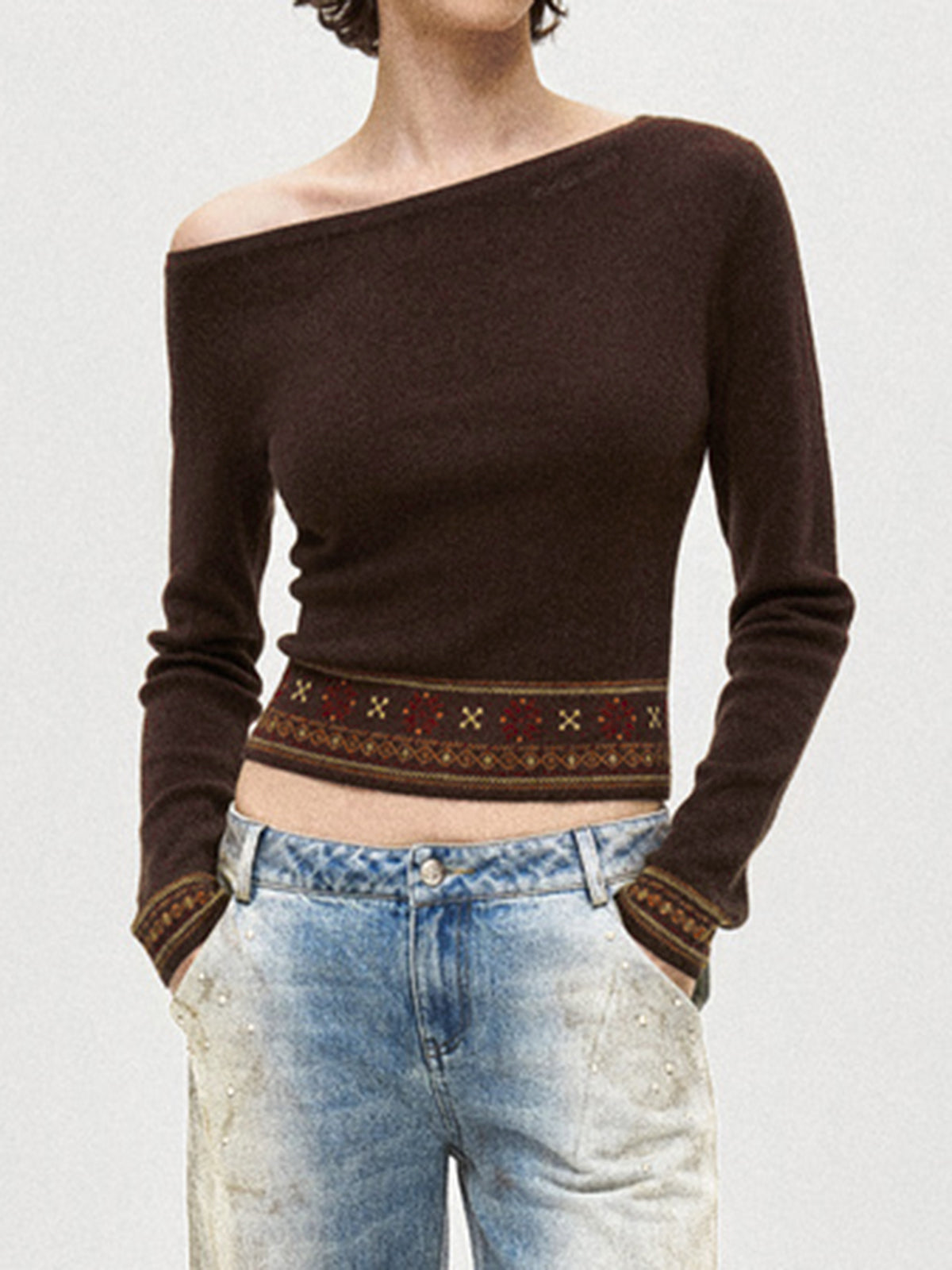 Wool-Blend Asymmetrical Crop Knit Top