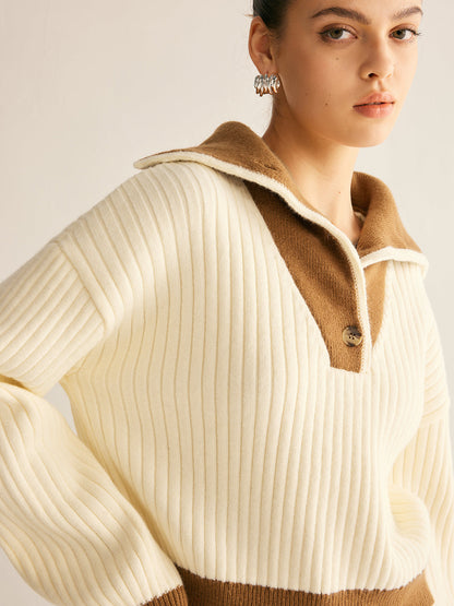 Contrast Trim Lapel Button Sweater